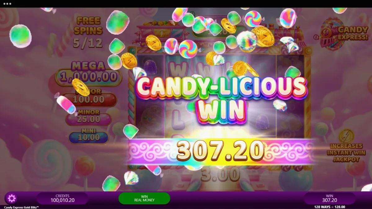 Candy Express Gold Blitz slot mobile interface showing colorful candy symbols and train theme