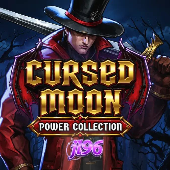 Isang madilim at gothic na eksena mula sa Cursed Moon Power Collection slot na nagpapakita ng mga simbolo ng bampira at mangangaso.